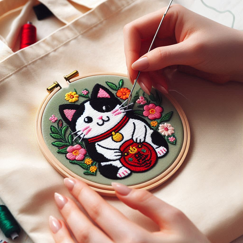 idée cadeau broderie , un maneki neko kawaii