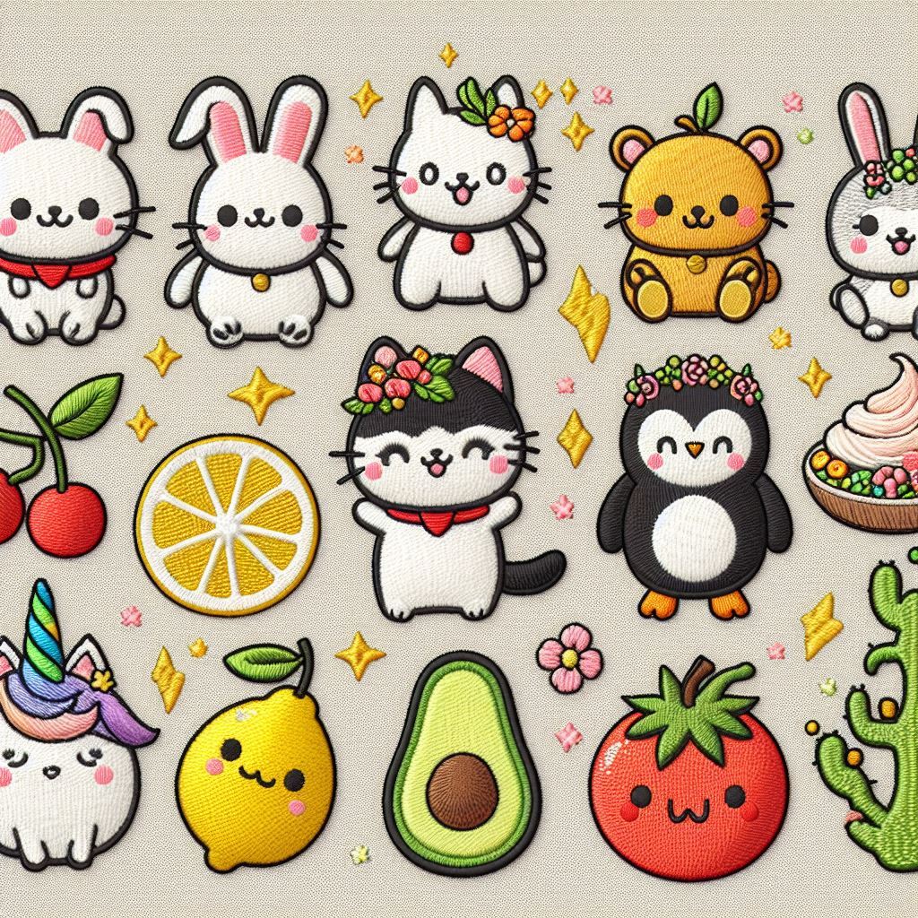 idées broderie motifs amusants animaux kawaii chat pingouin citron tomate avocat